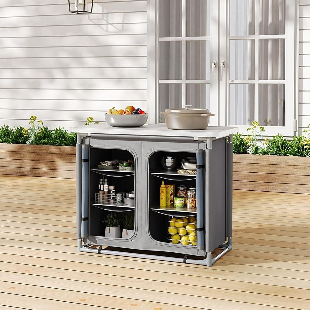 Portable Outdoor Camping Kitchen with 6 Shelves & Storage Bag, Foldable Table