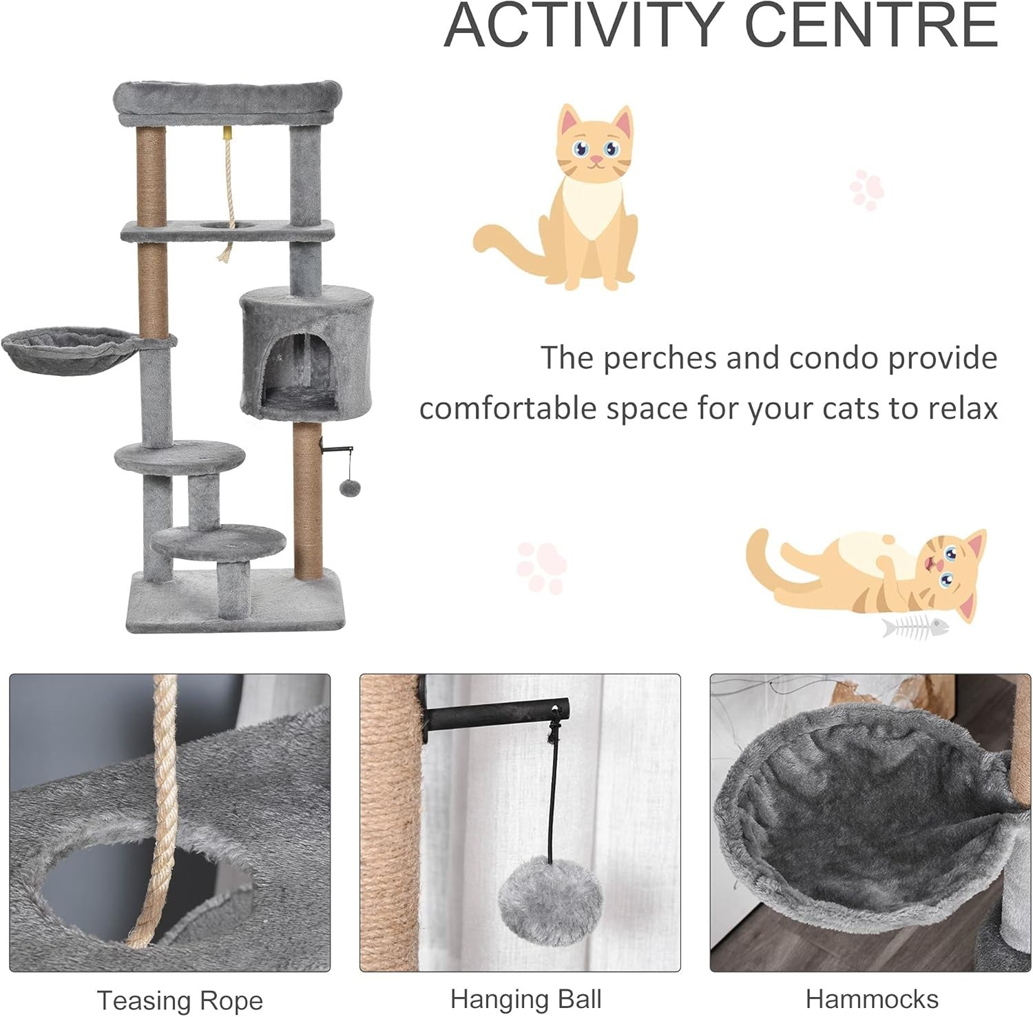 Cat Tree Tower 120cm Indoor Multi Level Scratching Post Condo Hammock