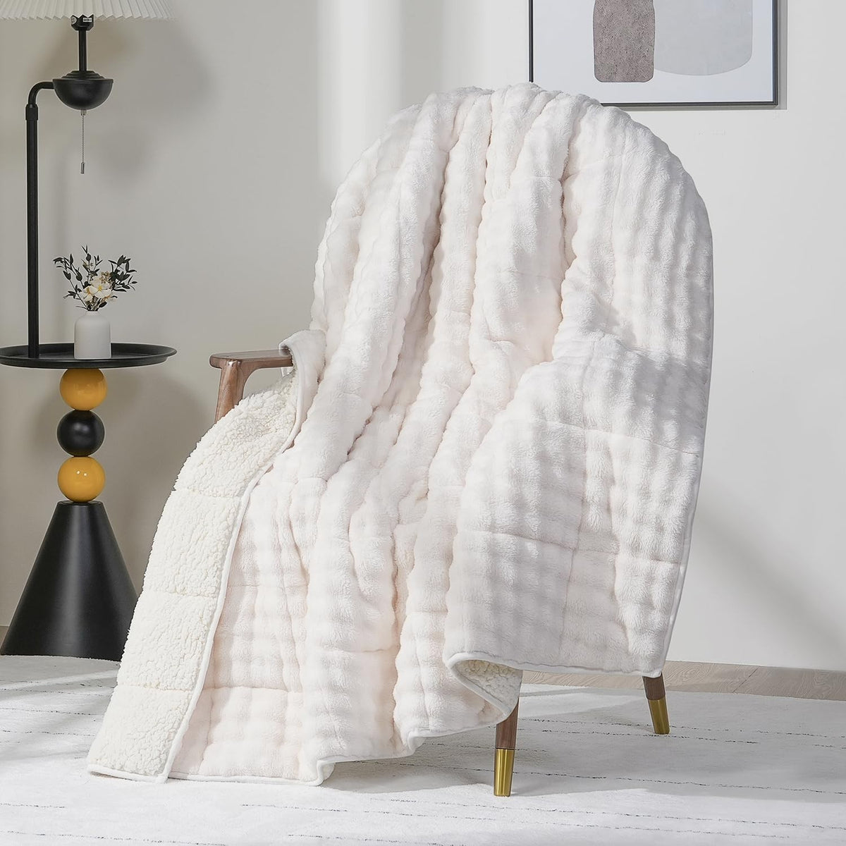 12lb Weighted Blanket, Cream White Bubble Fleece Sherpa 48x72 Cozy Plush
