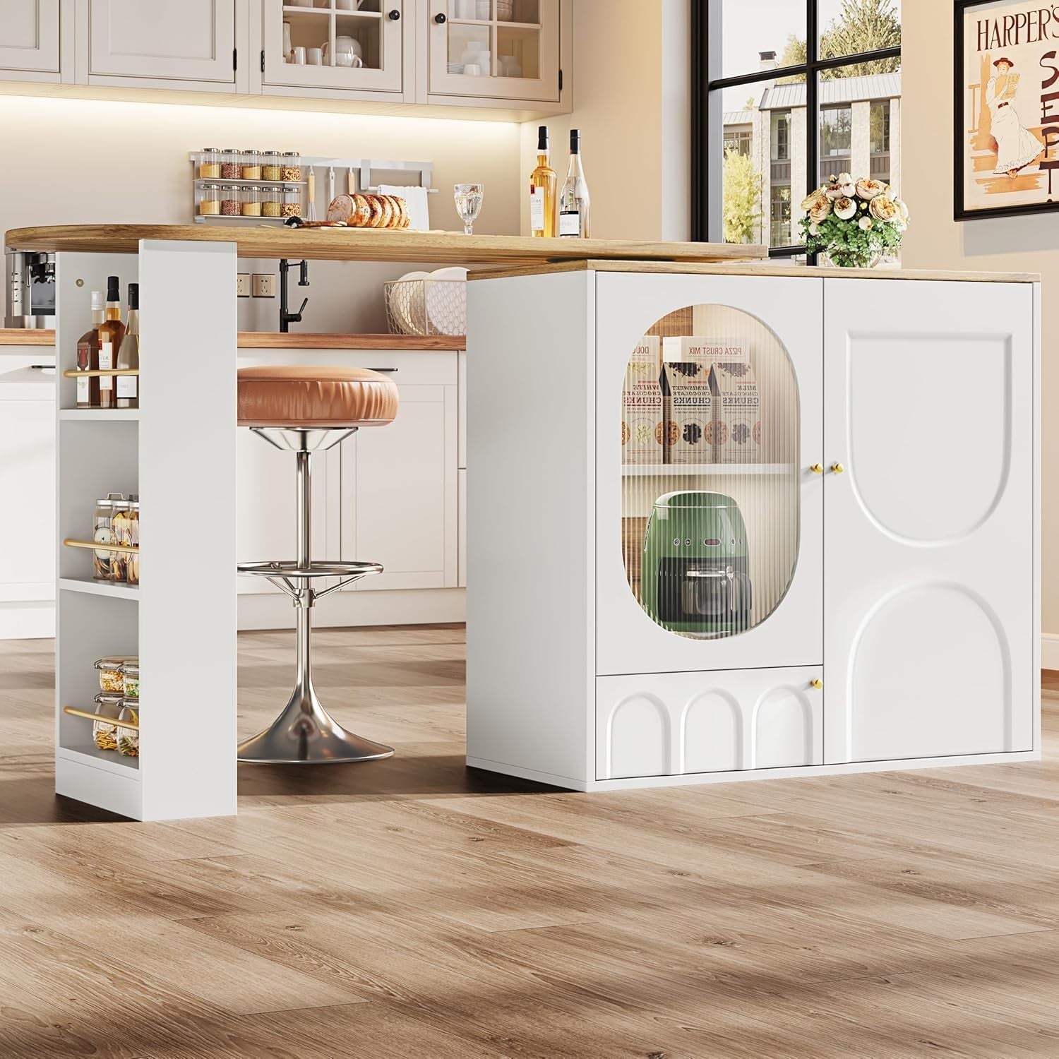 360° Swivel Bar Table w/ Shelves Storage Cabinet Modern White Kitchen Furniture