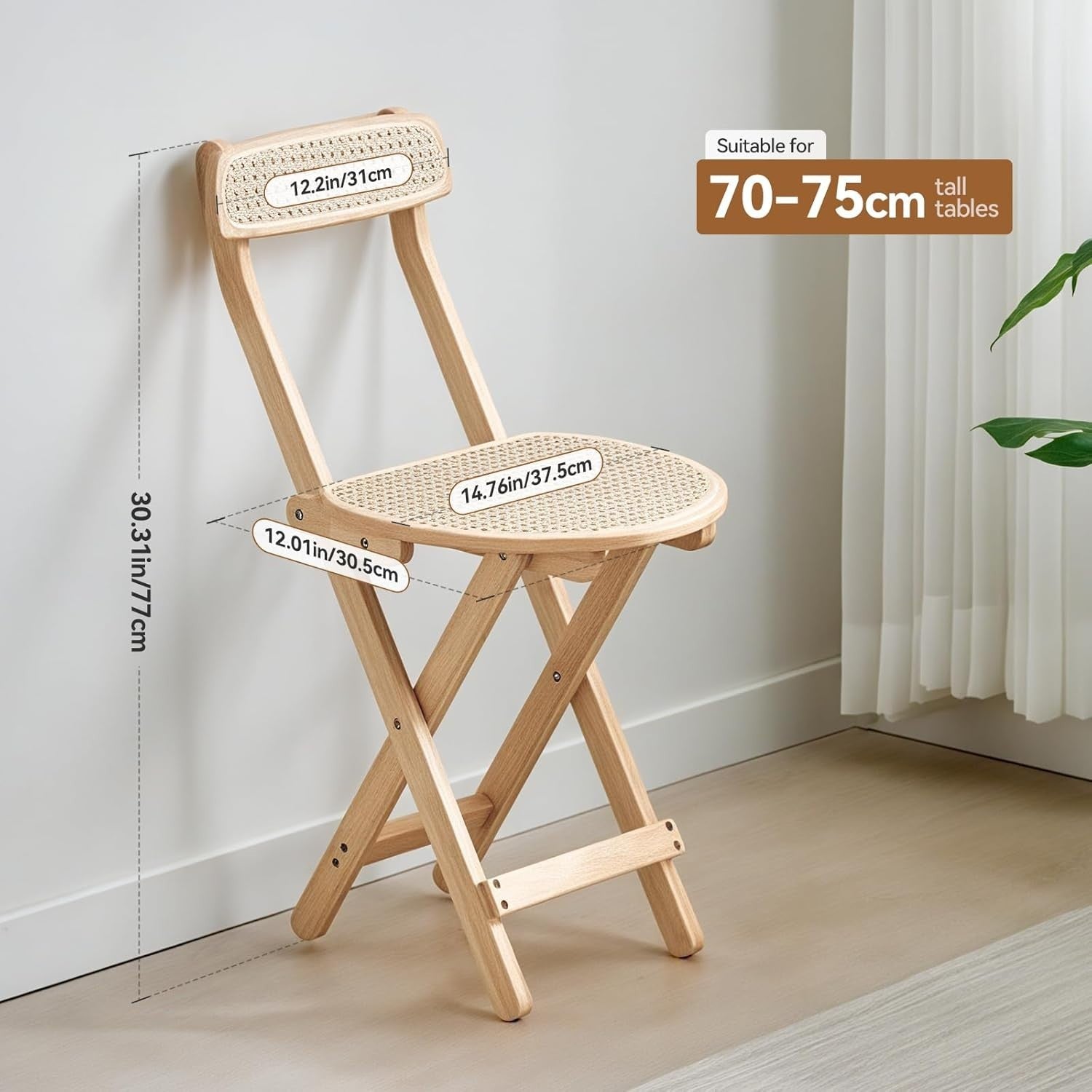 Folding Wooden Rattan Dining Chair Compact Breakfast Stool with Backrest