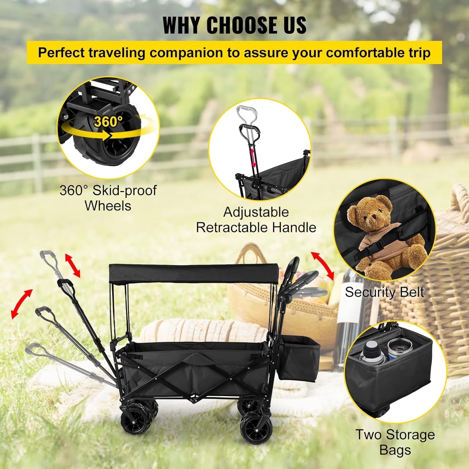 Extra Large Folding Wagon 220lbs Canopy Push Pull Cart Rear Storage 600D Black