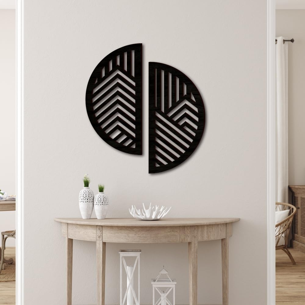 Geometric Black Wood Wall Art Hollow Semi-Circle Panels Modern