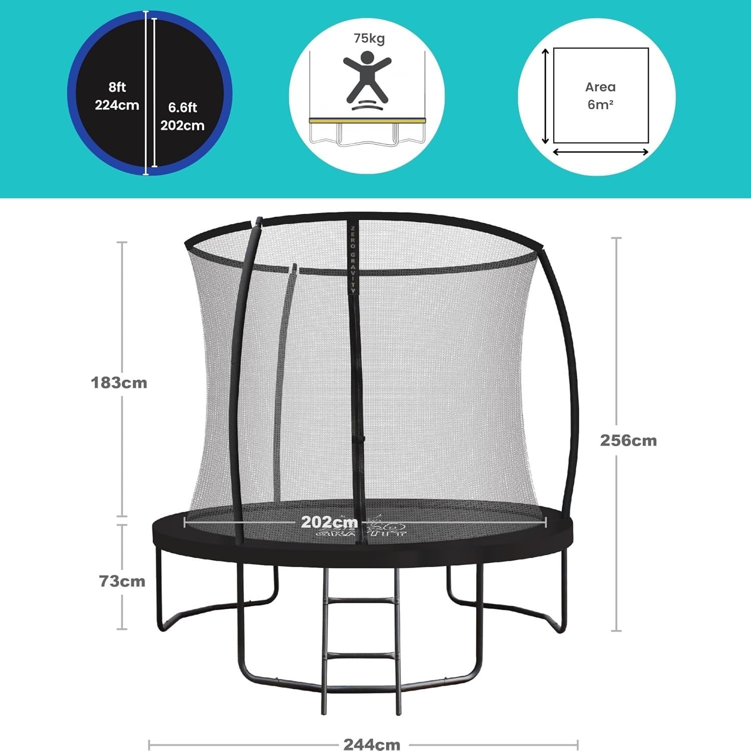 8FT Round Garden Trampoline w Safety Enclosure Ladder PVC Padding