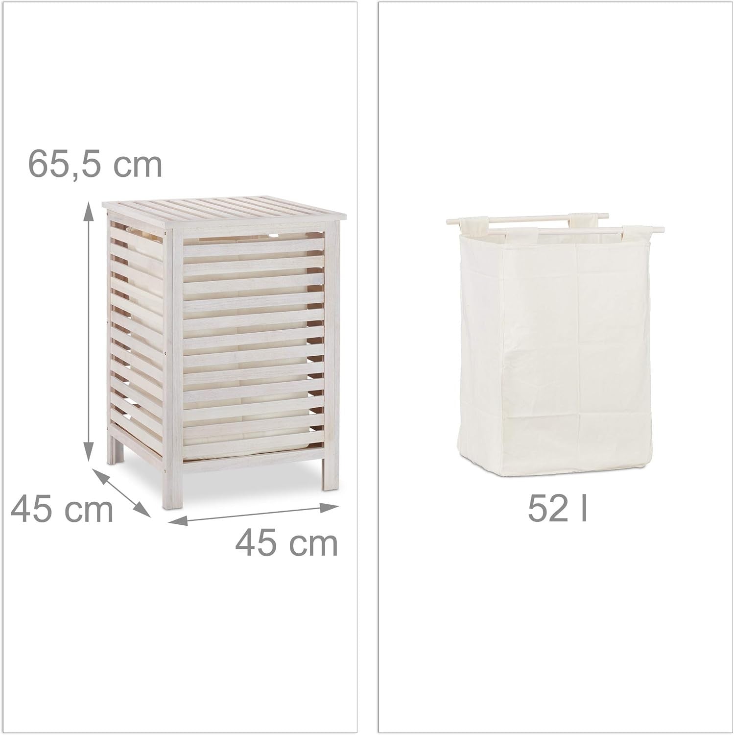 52L White Wood Laundry Hamper Vintage Slatted Design with Removable Liner Bag