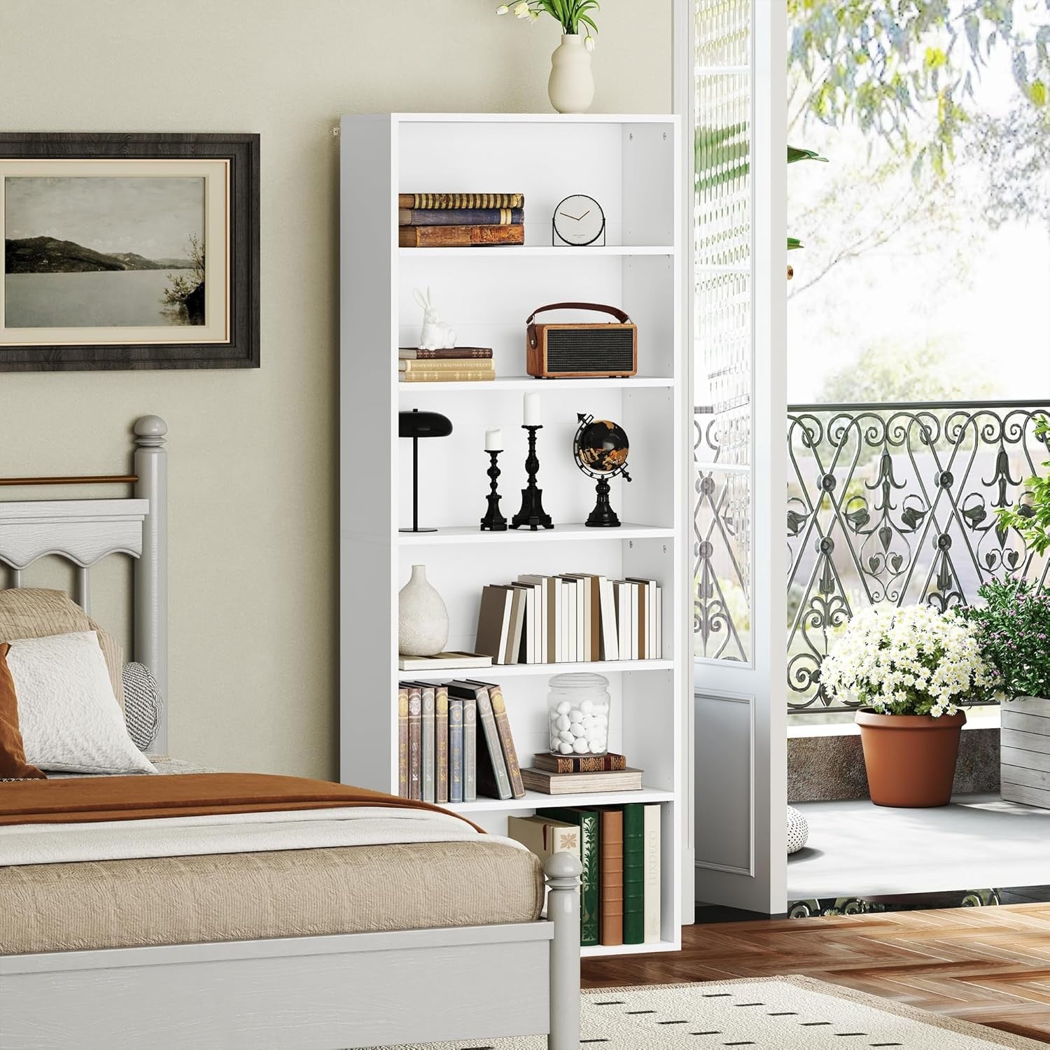 White 6-Tier Tall Bookcase Adjustable Shelves Modern Slim Storage Display Unit