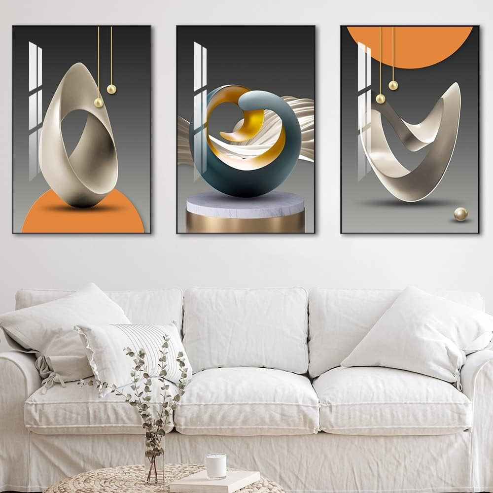 Modern Abstract 3-Panel Canvas Wall Art Blue White Yellow Grey