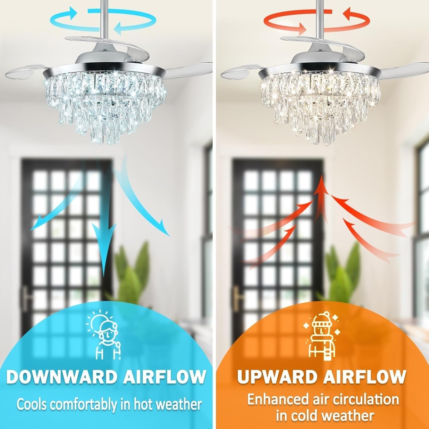 42" Modern Crystal Chandelier Ceiling Fan with Light Dimmable Remote