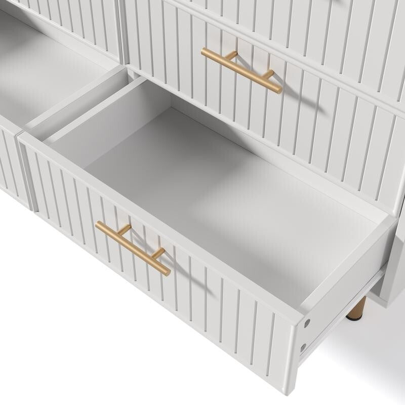 White 6 Drawer Sideboard Chest Gold Handles, Modern Cabinet Storage 120cm