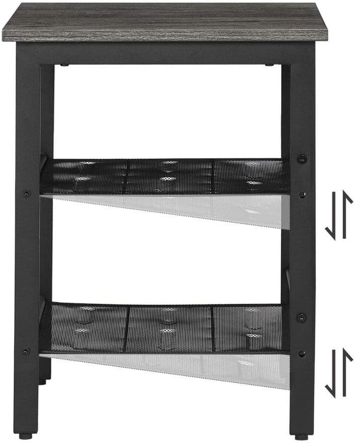 Set of 2 Industrial Bedside Tables with Adjustable Mesh Shelves, Charcoal Grey