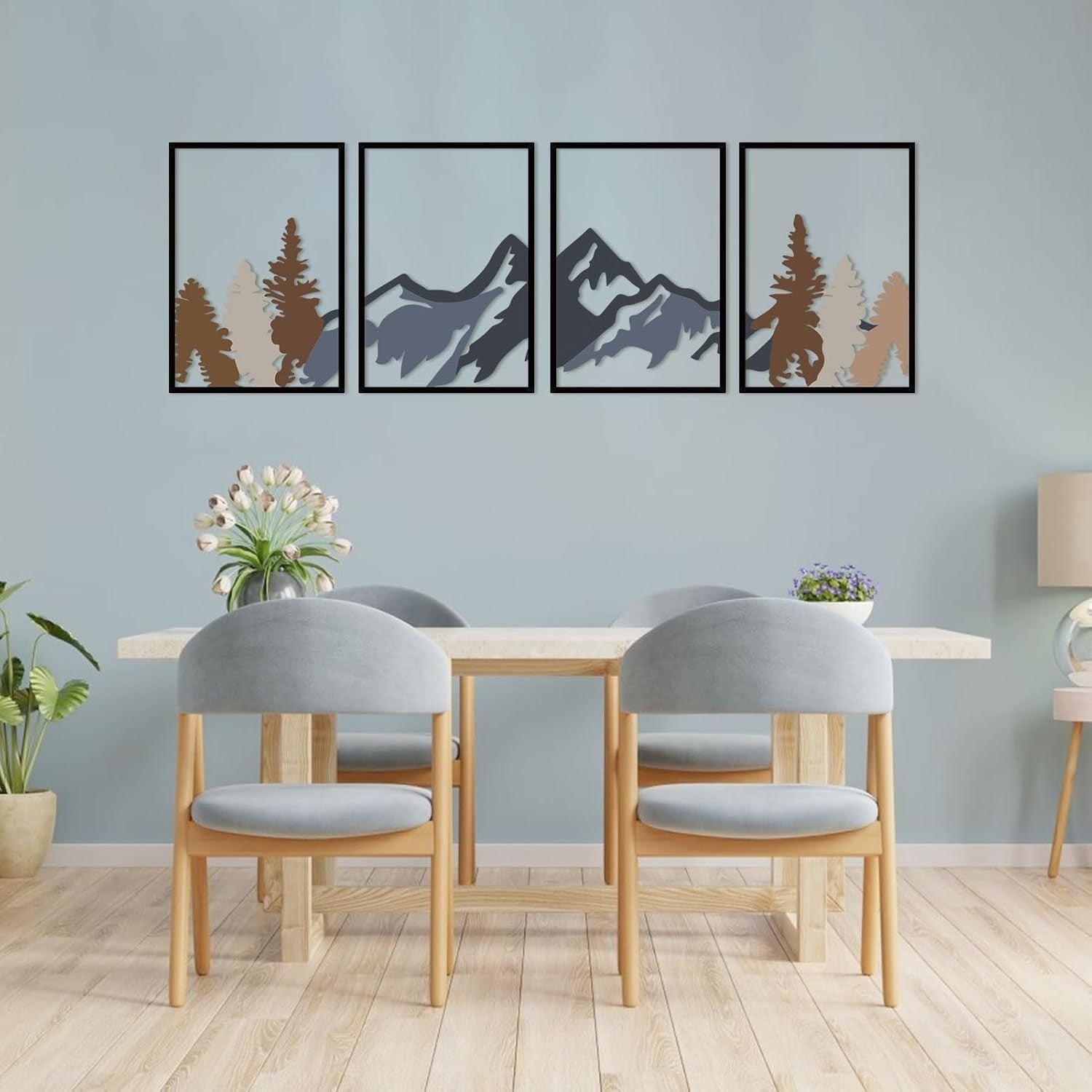 4Pc Metal Mountain Forest Wall Art Rustic Nature Decor Black
