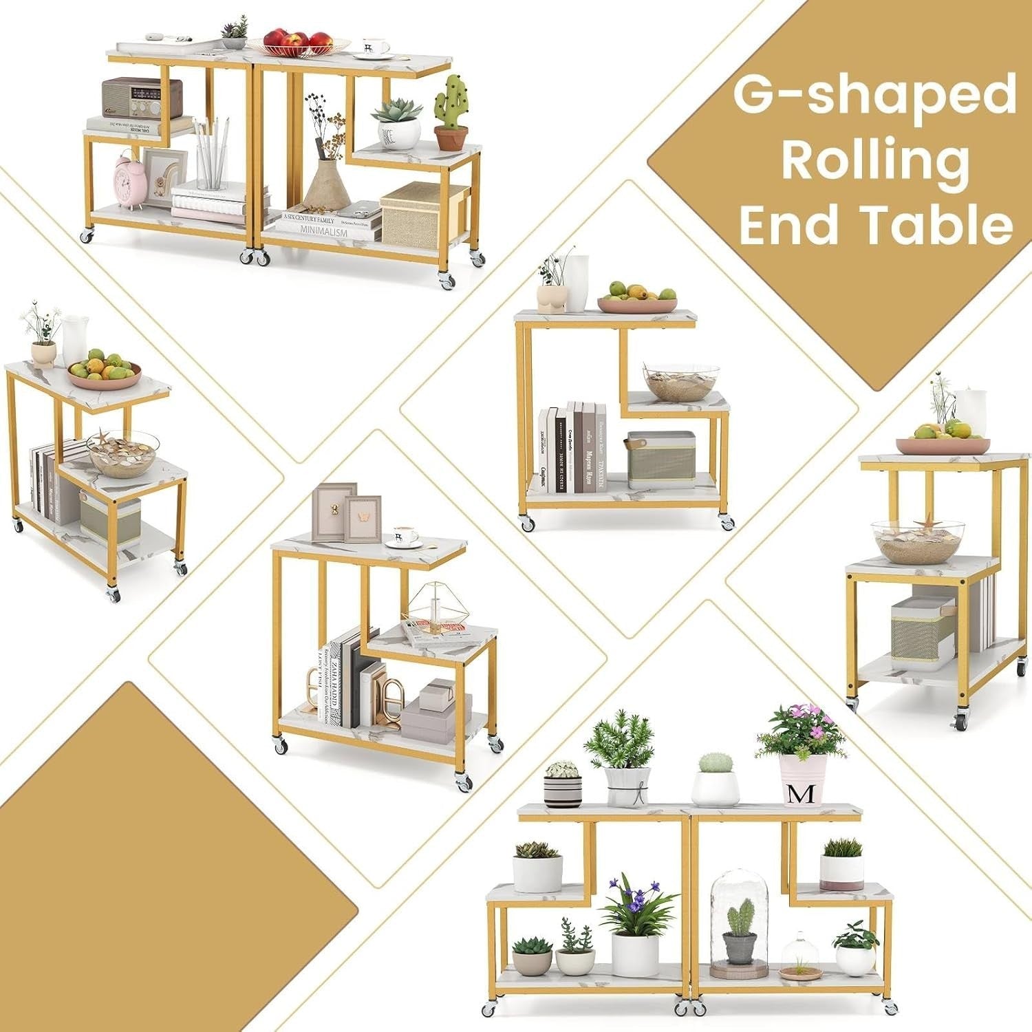 White Gold G-Shaped Sofa Side Table with Wheels | 3-Tier End Table Storage