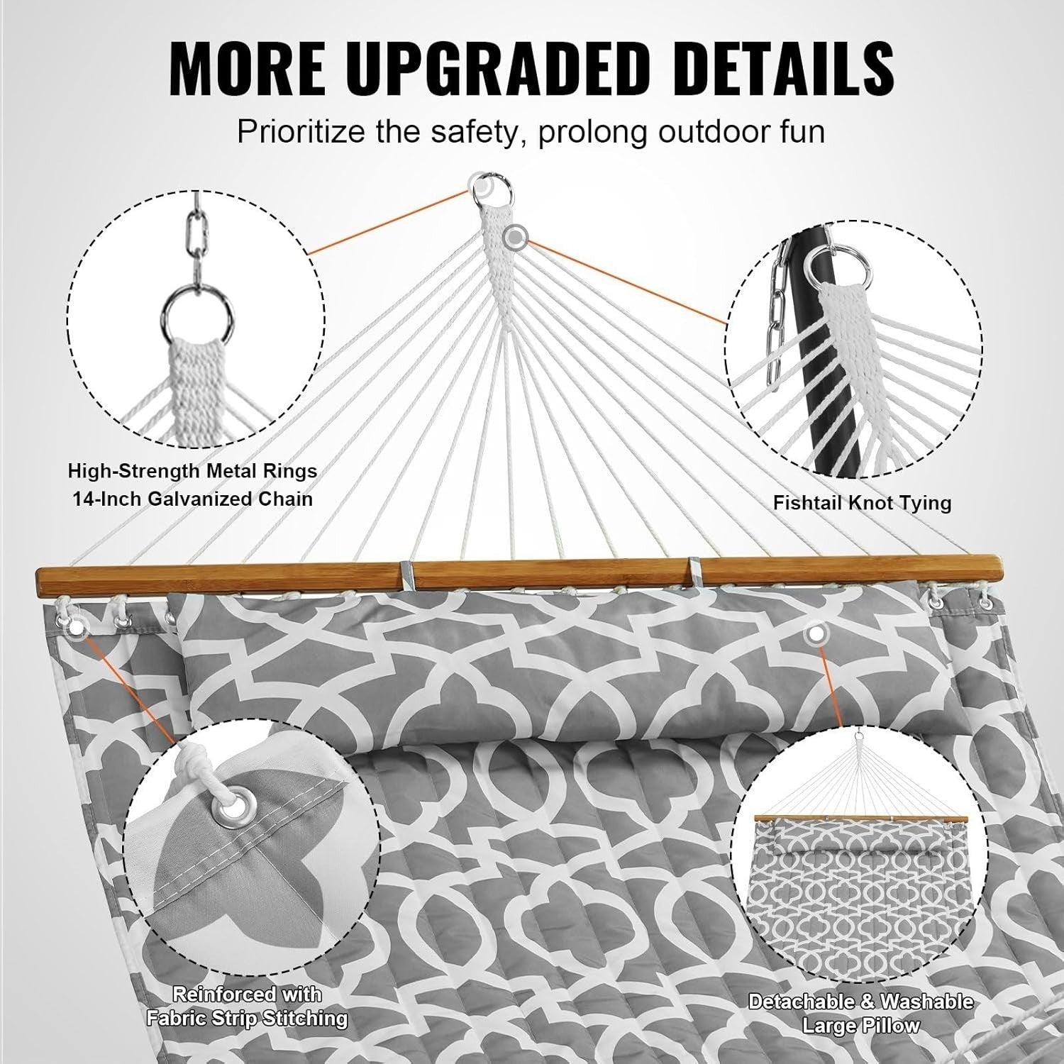 Luxury Double Hammock with Pillow – Quilted Fabric, Hardwood Spreaders, 480lb