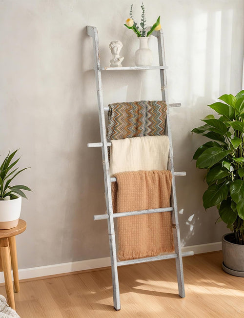 67in White Wood Blanket Ladder with Top Shelf Hooks 5-Tier Farmhouse Rack