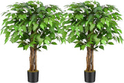 3ft Artificial Ficus Tree Set of 2 Curved Trunk Green Leaf Indoor Decor Plants