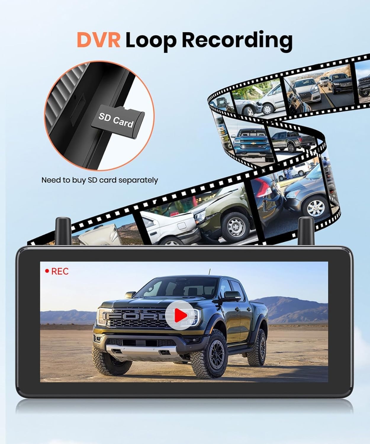 7.2" Solar Wireless Reversing Camera DVR HD 1080P Backup Kit
