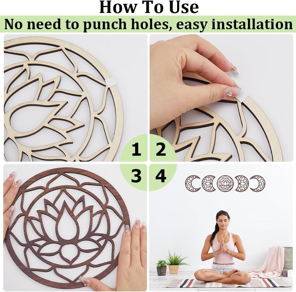 Moon Phase Wall Decor Wooden Boho Lotus Hanging Art