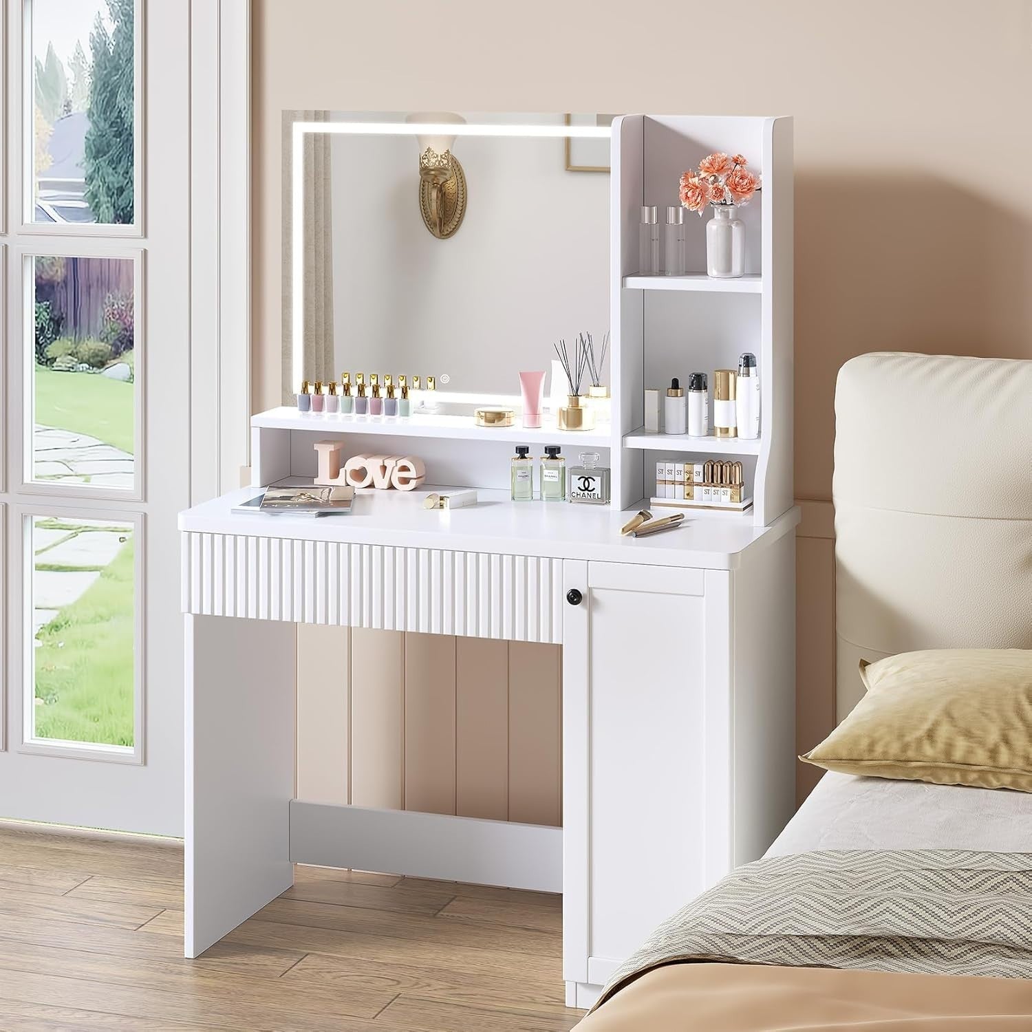 White Vanity Makeup Dressing Table Mirror Lights Storage Desk Modern