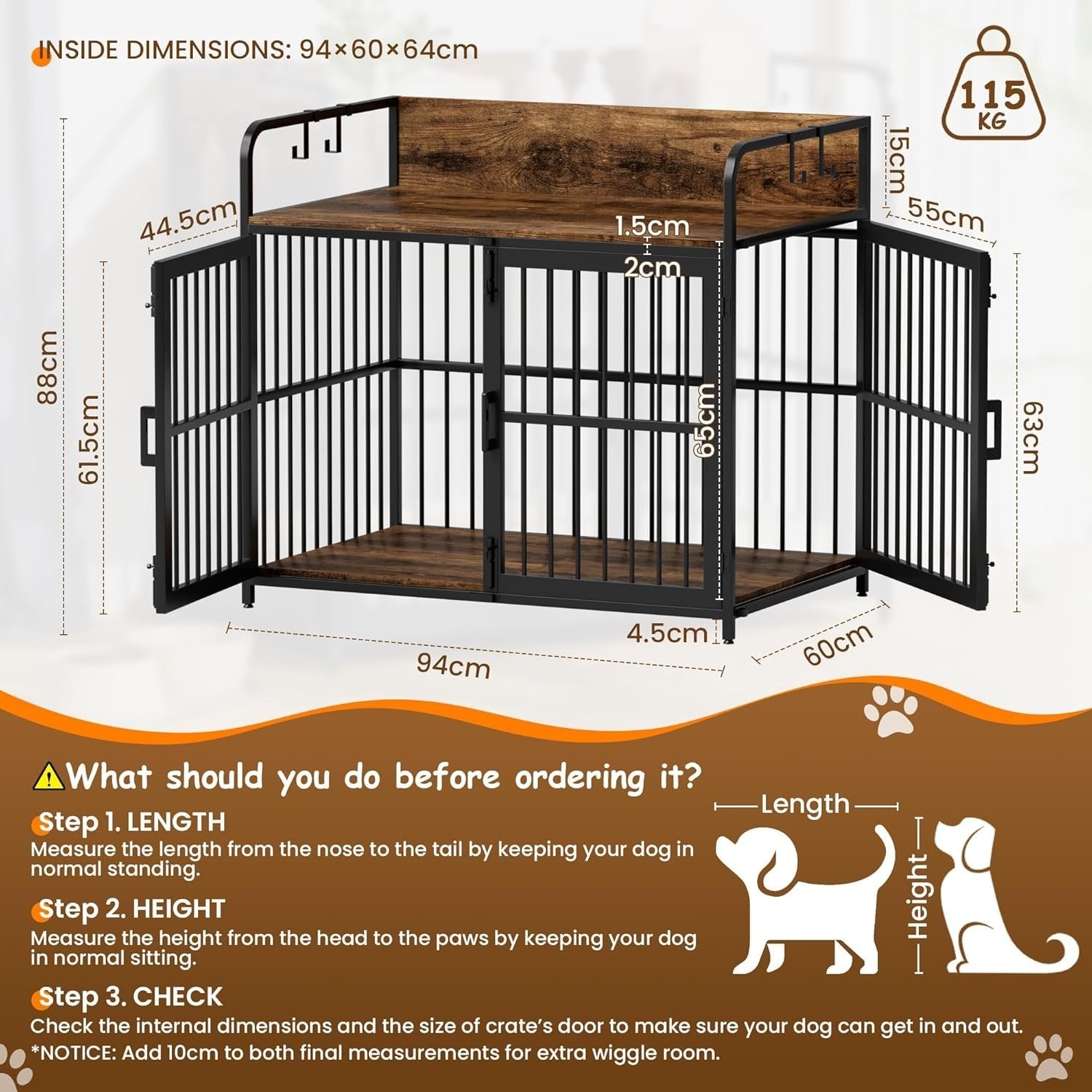 Large Heavy Duty Wooden Dog Crate with 2 Doors – Indoor Kennel Furniture