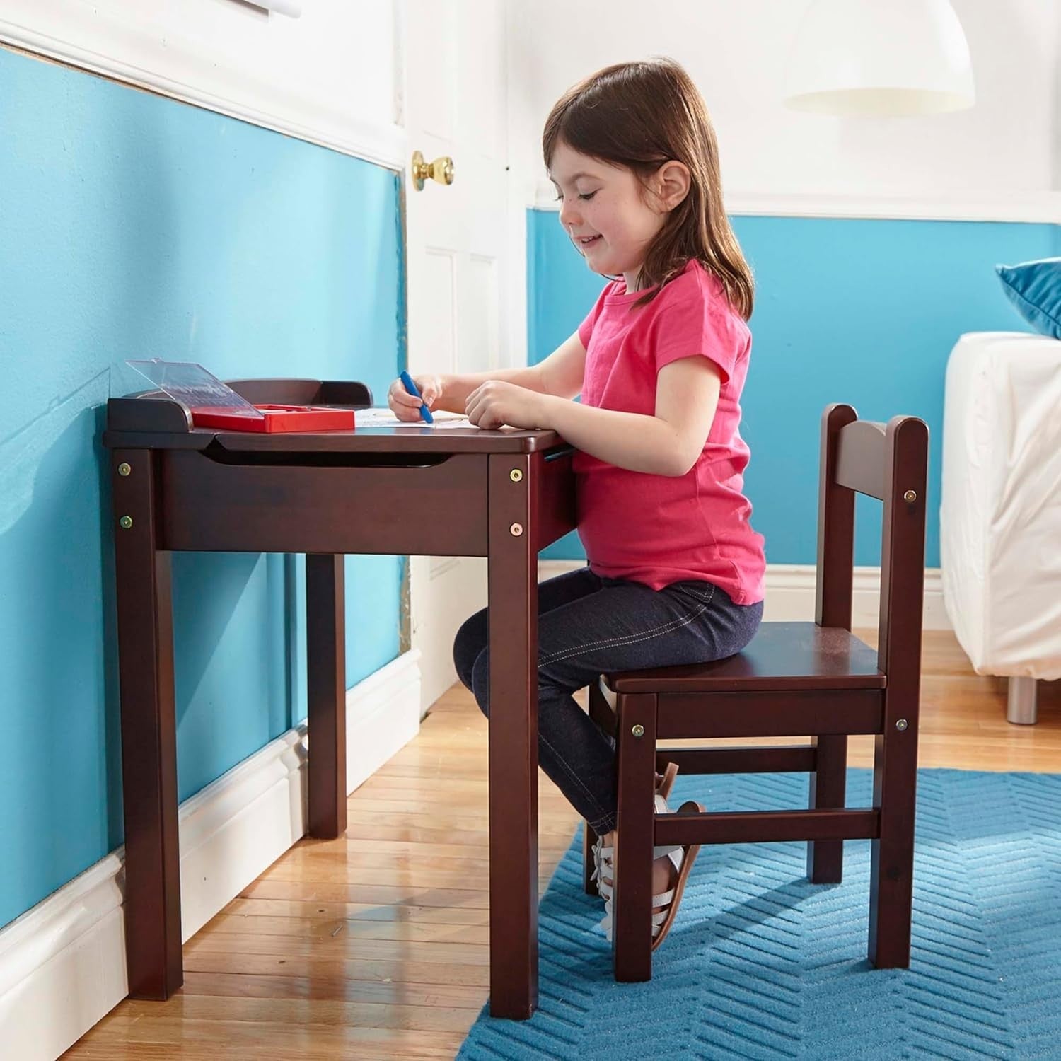 Kids Wooden Lift-Top Desk & Chair Set, Espresso, Compact 30.5x57cm