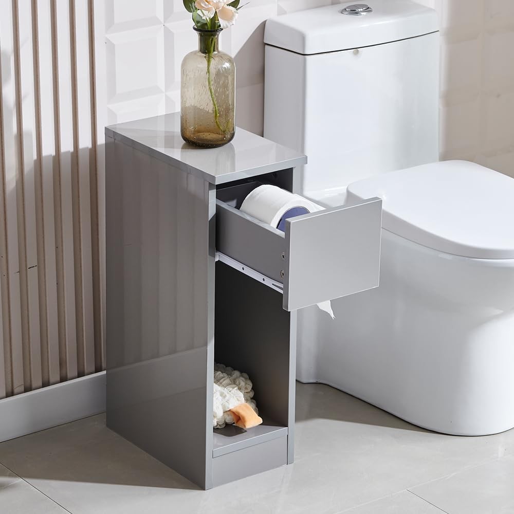 Slim Grey High Gloss Bedside Table with Drawer & Shelf Narrow Nightstand