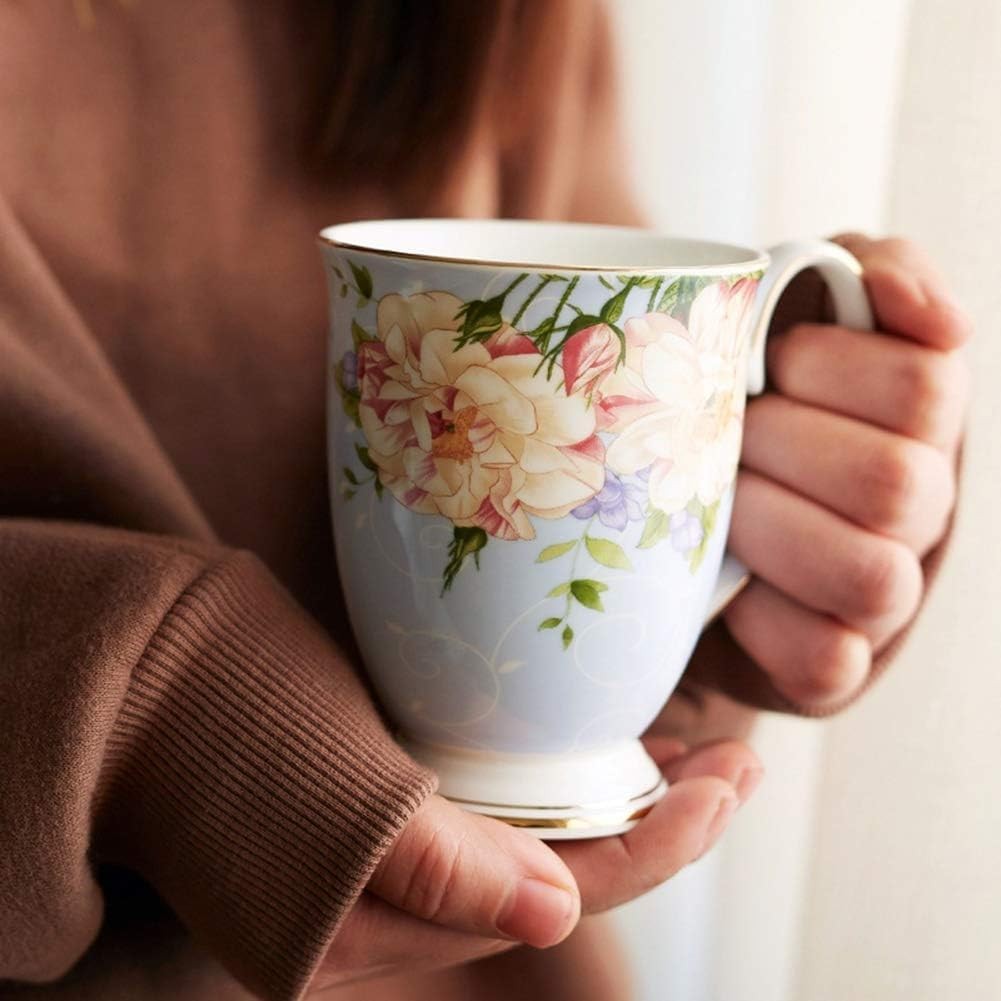 Floral Bone China Mug Set 4 Piece Coffee Tea Cups 11oz Gift Set