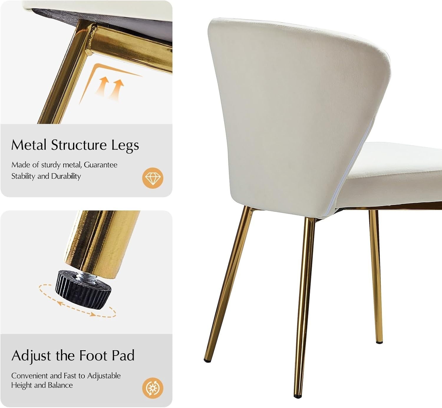 White Velvet Modern Dining & Vanity Chair – Upholstered Seat with Metal Legs