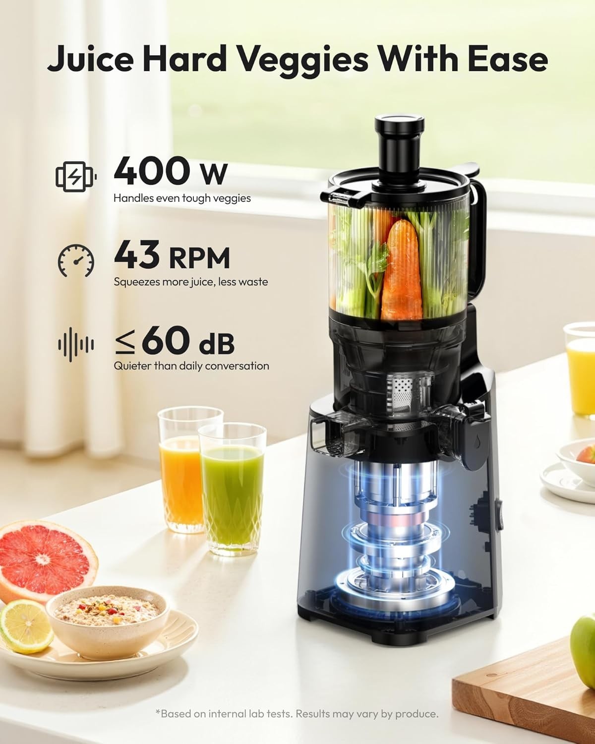 Cold Press Juicer 400W 5.8in Wide Feed Chute Whole Fruit High Yield