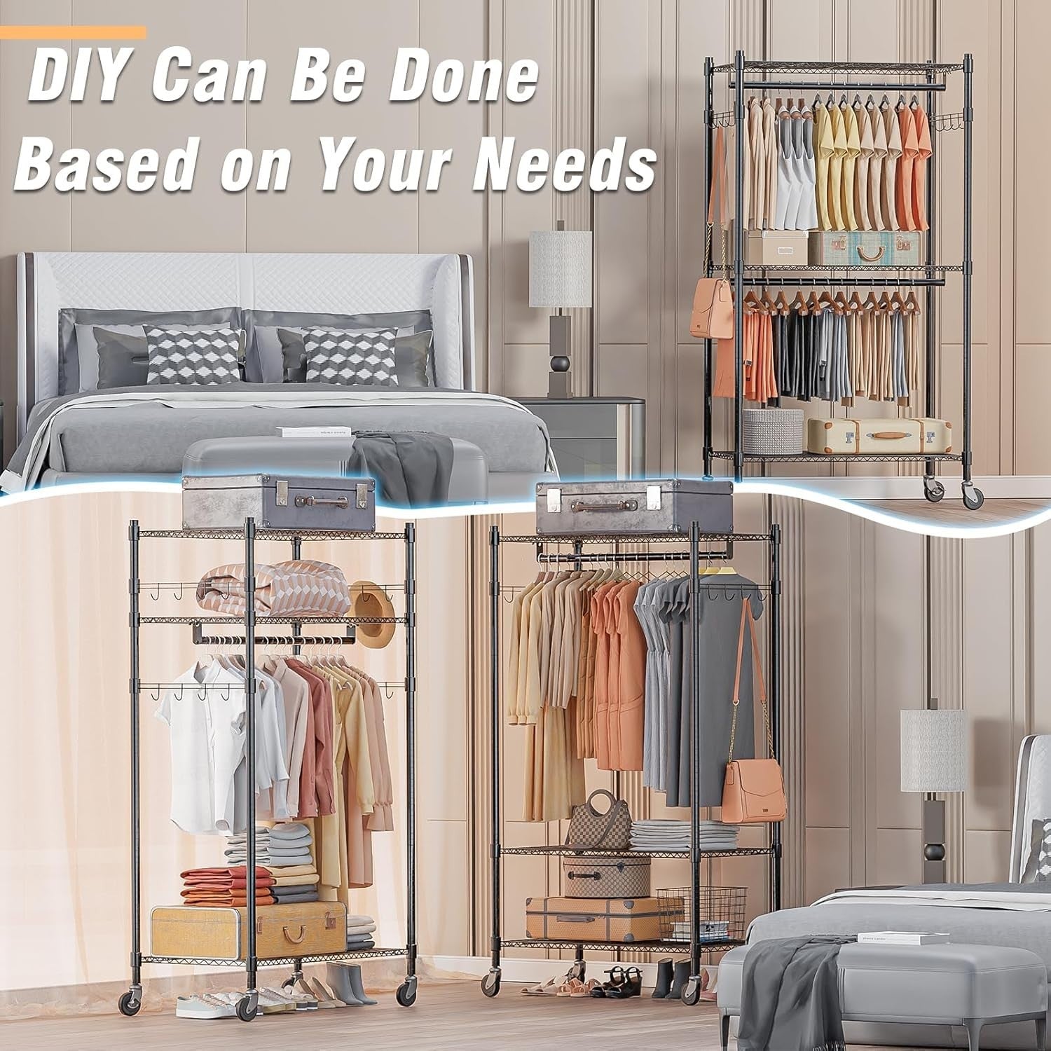 Heavy Duty 3-Tier Double Rod Clothes Rail with Wheels – Black 205cm