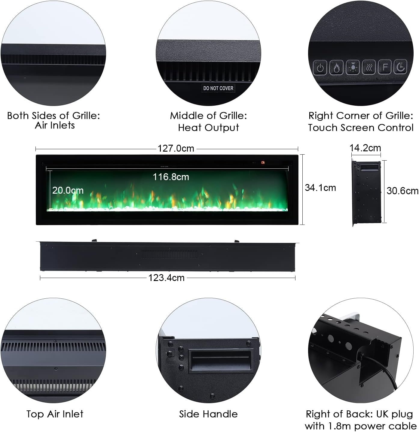 127cm Electric Fireplace Wall Mount/Recessed/Free Standing with Remote
