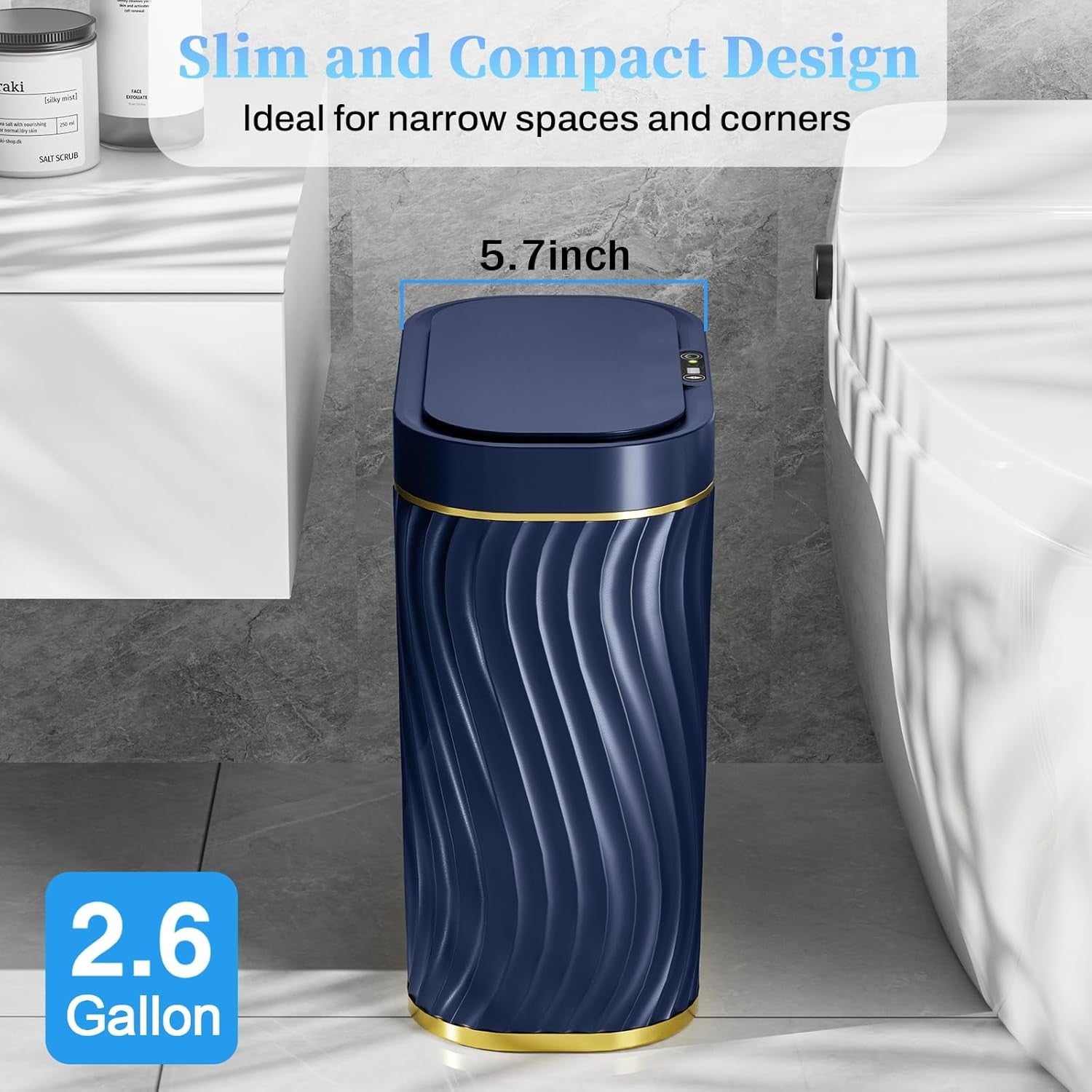 2.6 Gallon Touchless Bathroom Trash Can Slim Waterproof Smart Bin