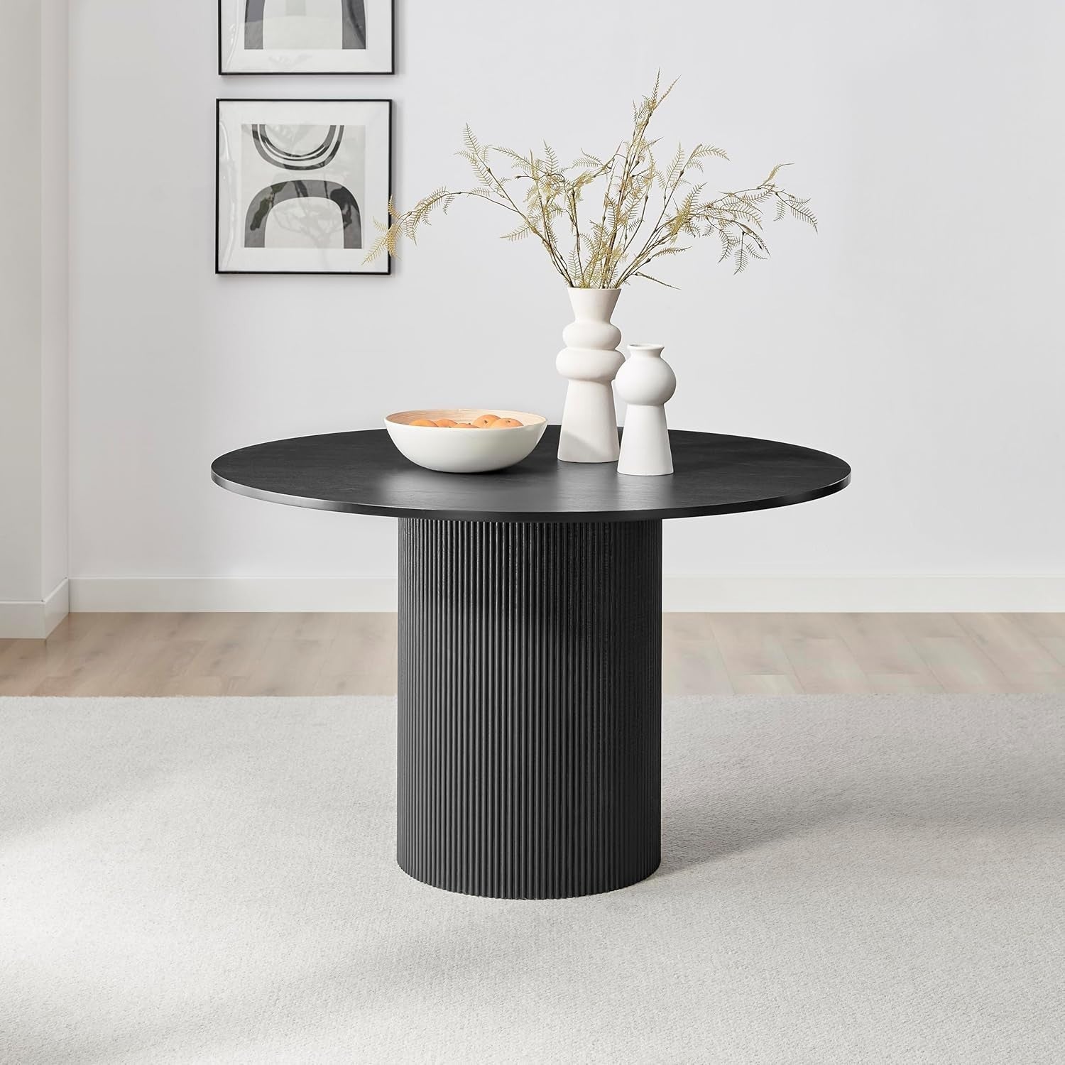 Black Round Pedestal Dining Table 120cm Scandi Modern Wood 4-6 Seat