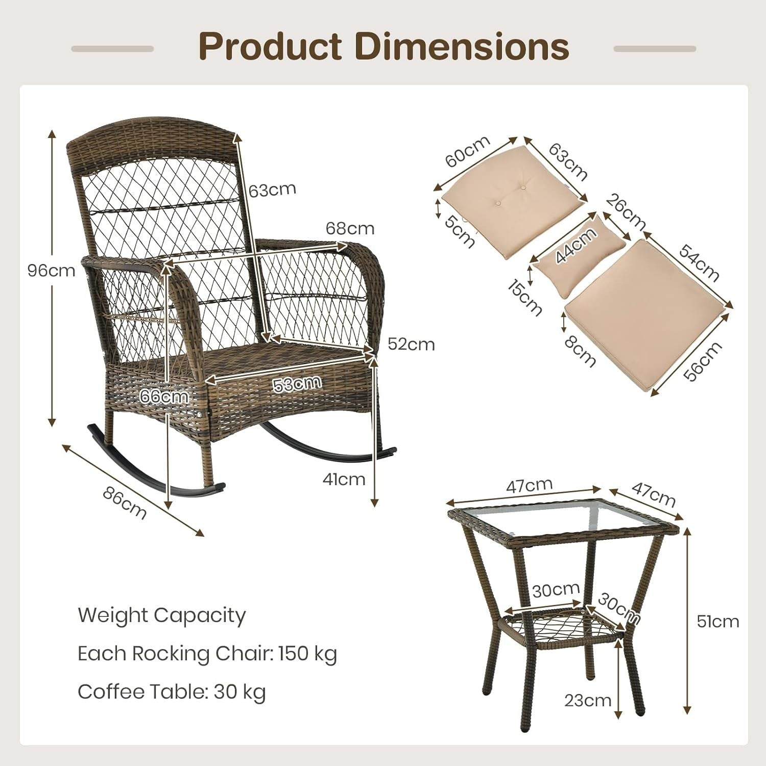 3-Piece Rattan Patio Bistro Set with Cushioned Rocking Chairs & Glass Table