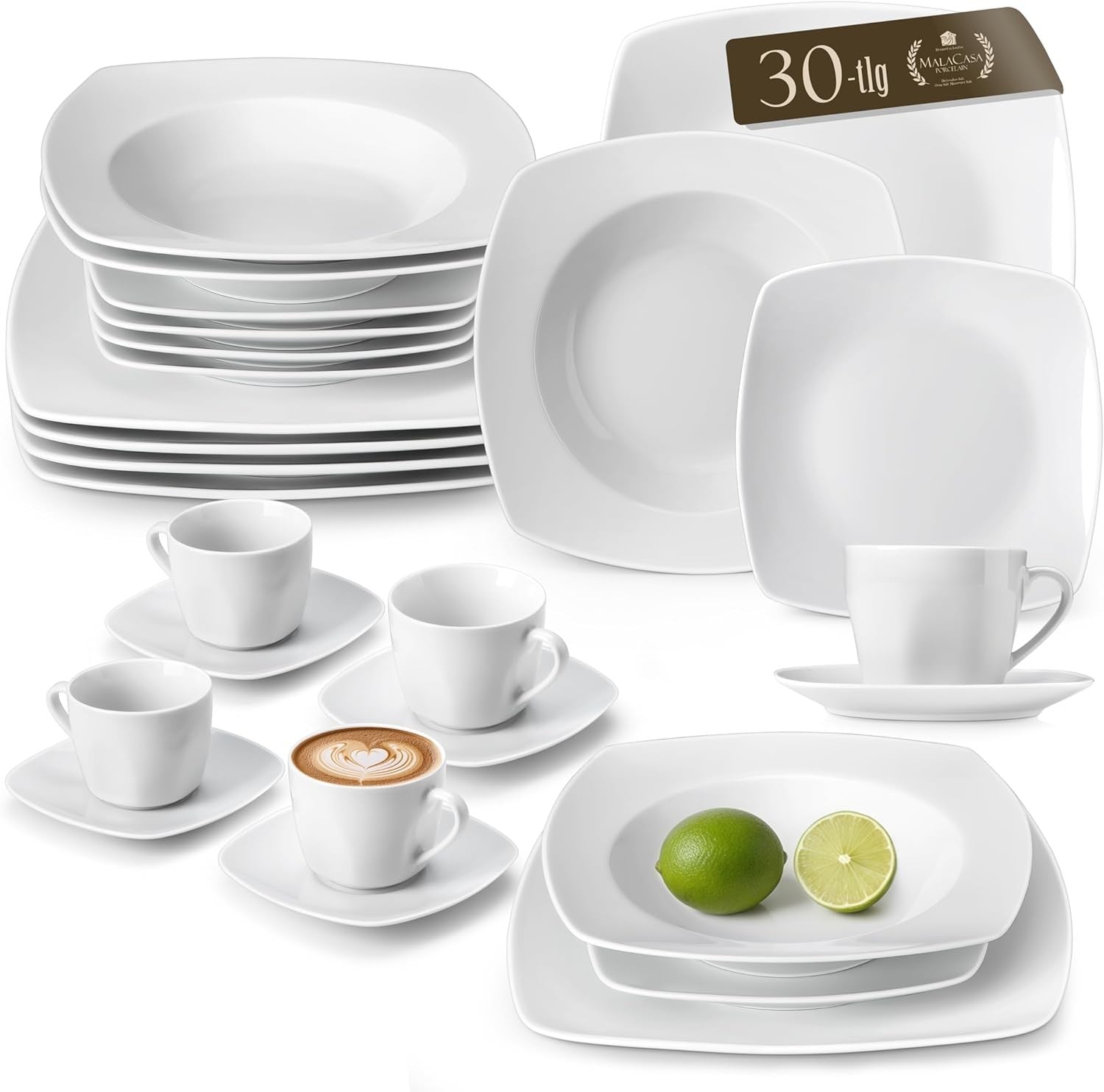 30 Piece Porcelain Dinner Set Plates Bowls Cups Ivory White Dishwasher Safe