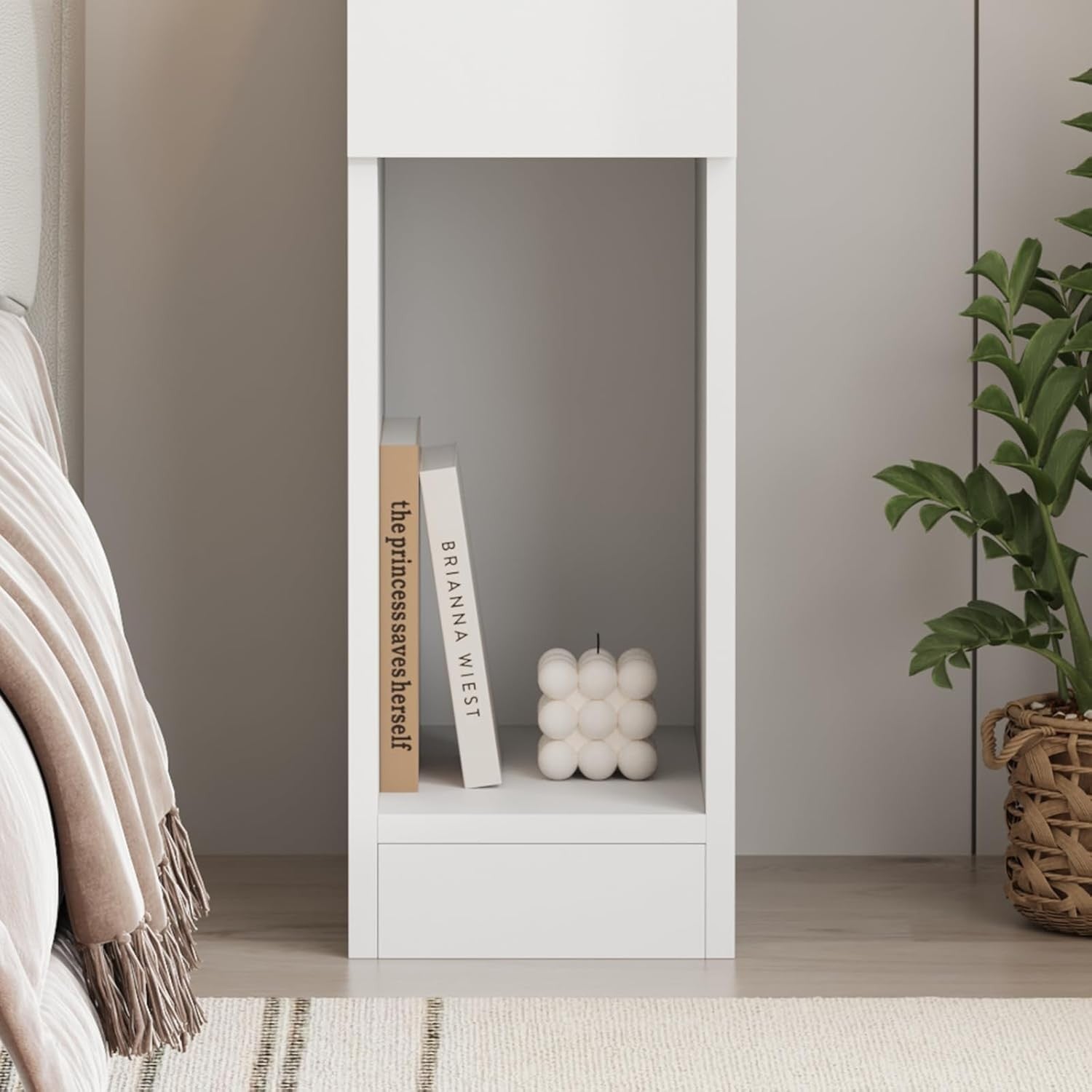 Slim White Bedside Table with Drawer & Shelf, Narrow Nightstand for Small Spaces