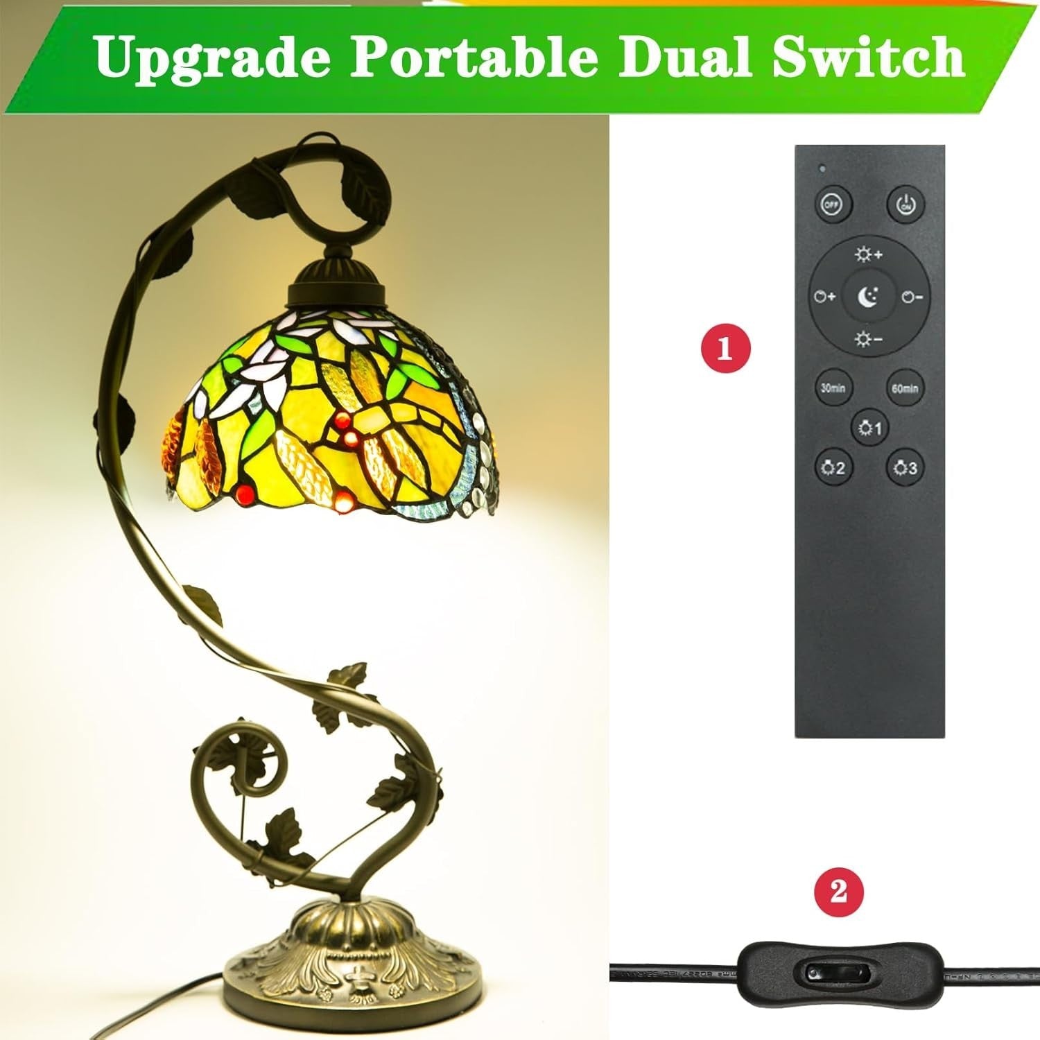 Stained Glass Table Lamp LED Remote Dimmable 3 Color Modes for Living Room
