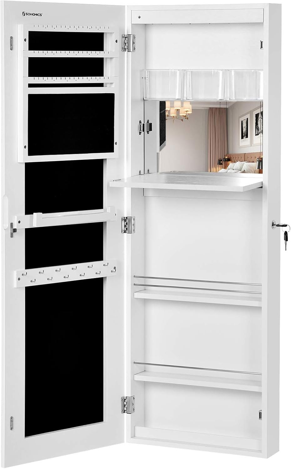 White Extra Wide Mirrored Jewelry Cabinet Lockable Storage Stand