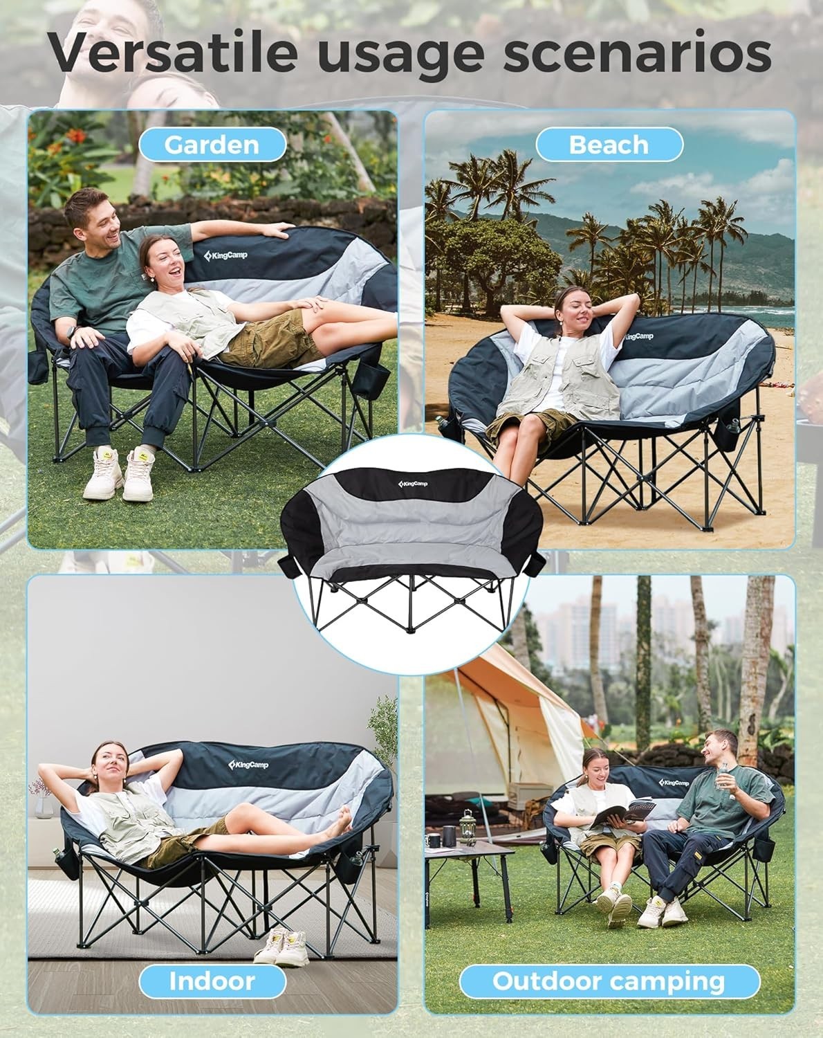 Folding Double Camping Chair Sofa 300kg Padded Armrest Cup Holder