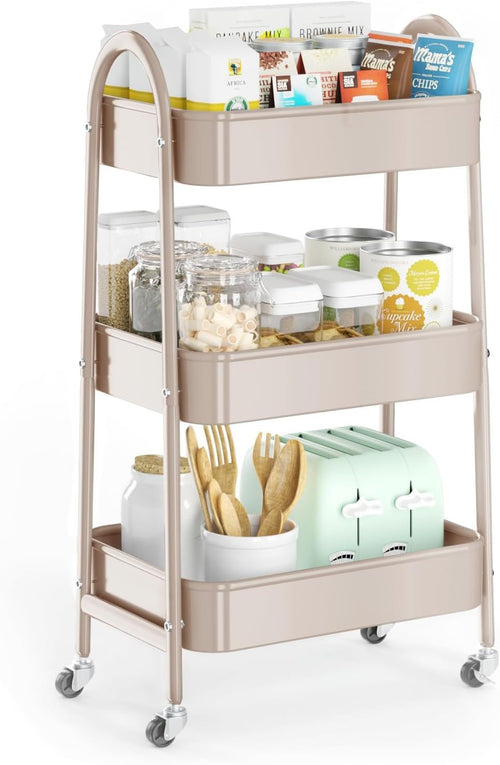 3 Tier Utility Rolling Cart Metal Storage Trolley Lockable Wheels Handle
