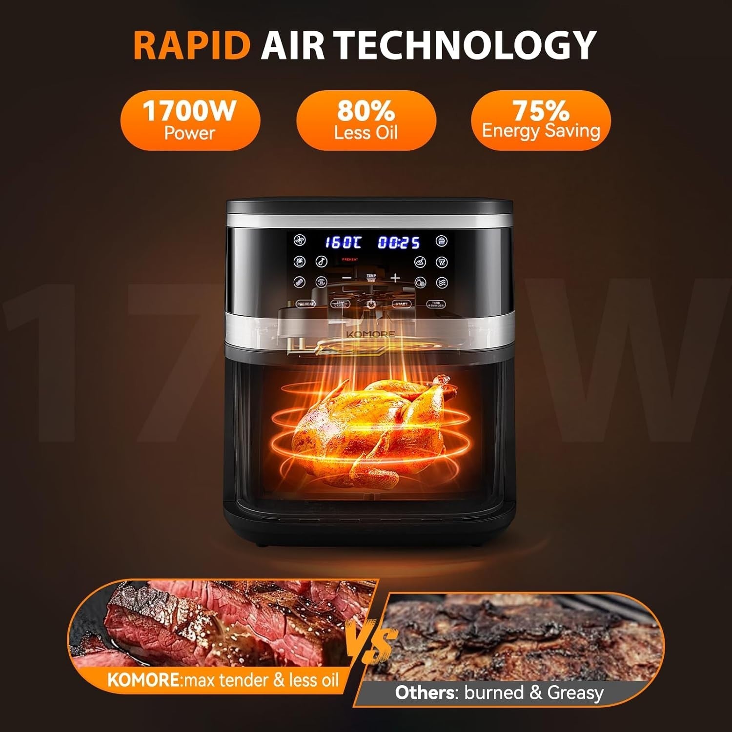 8L 1700W Digital Air Fryer With Window 9in1 Touchscreen Extra Crisp