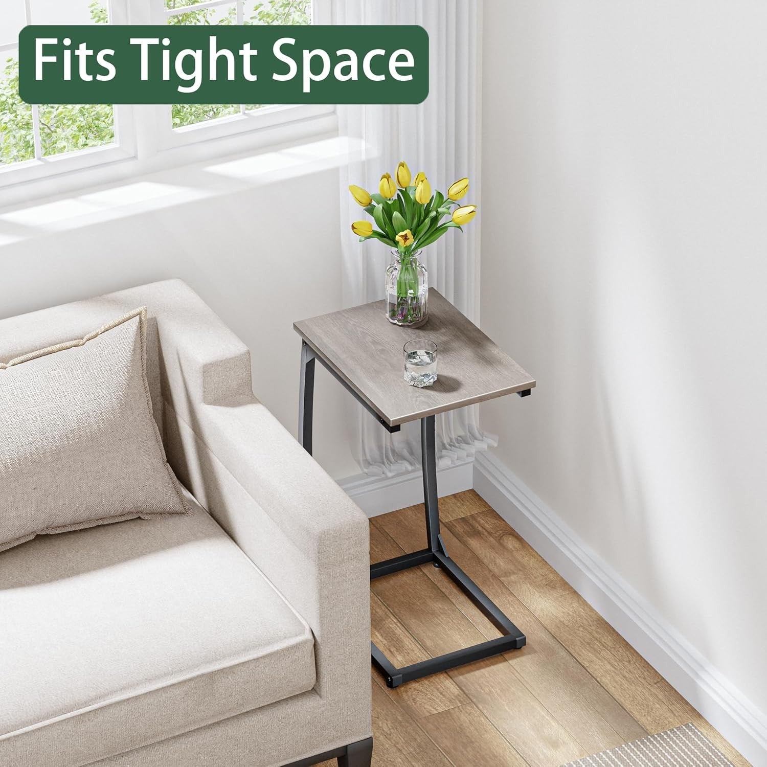 C Shaped Side Table Set of 2 Sofa TV Tray Tables Narrow Couch Snack Desk