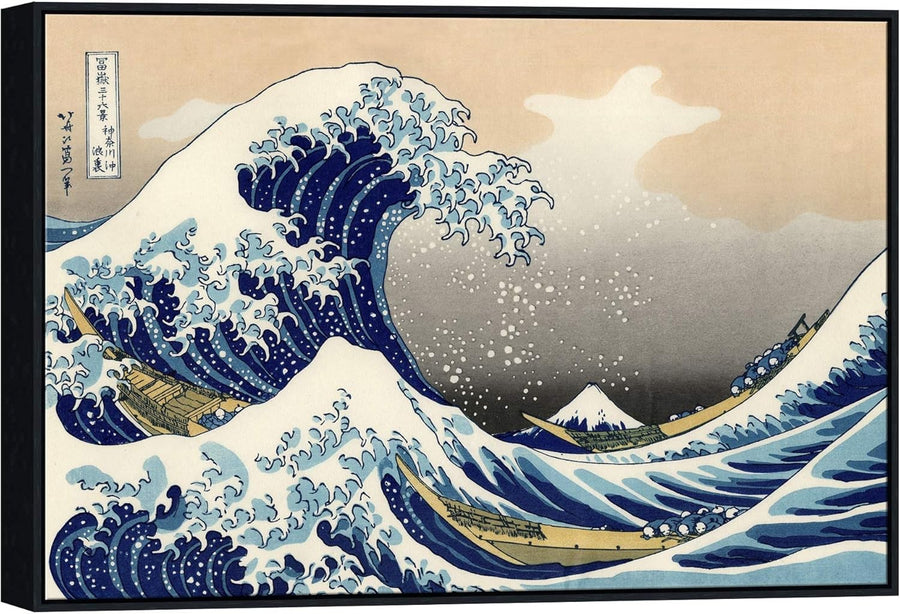 Great Wave Canvas Wall Art 90x60cm Black Framed Print