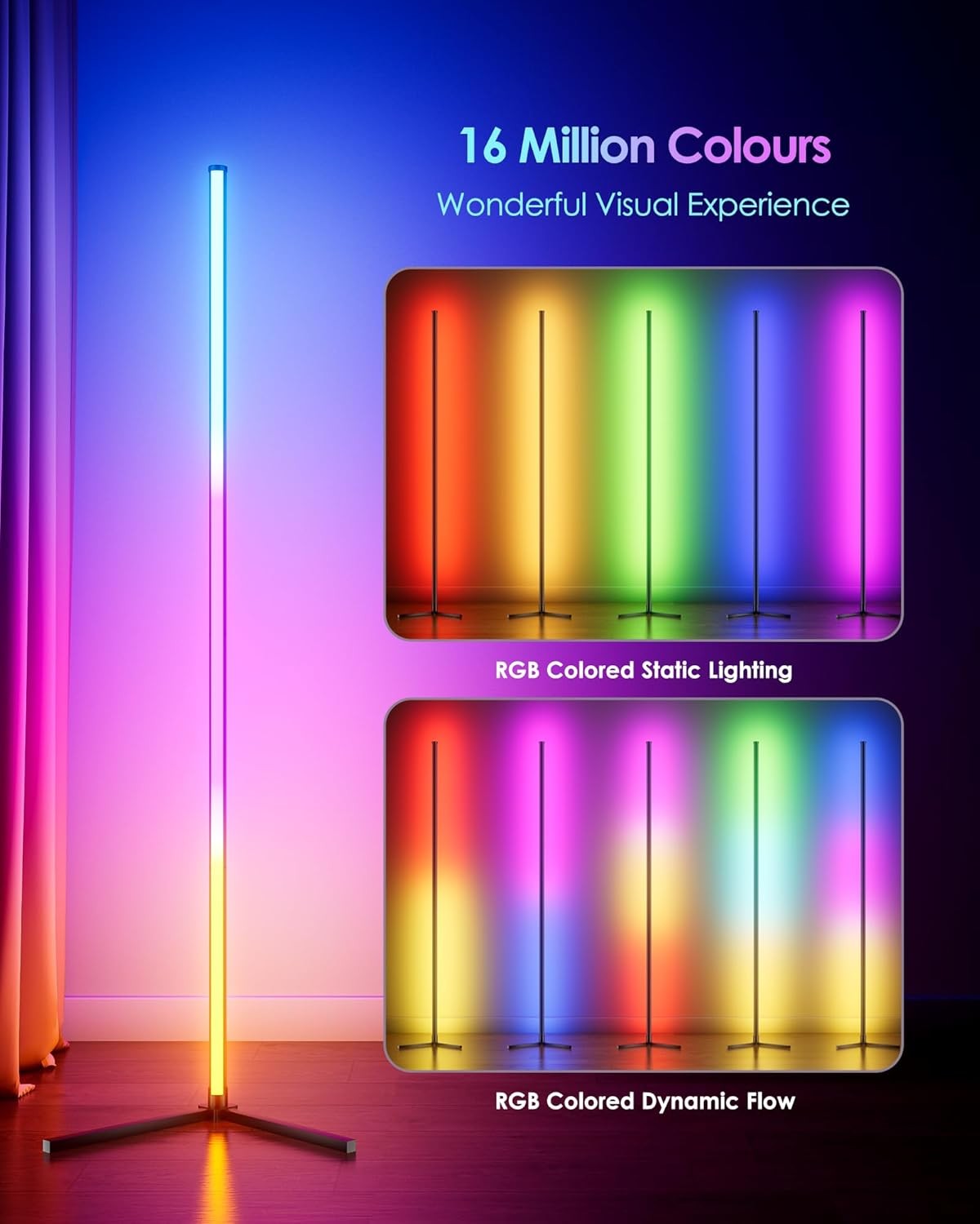 2 Pack RGB Corner Floor Lamp Smart LED App Remote Music Sync Mood Light