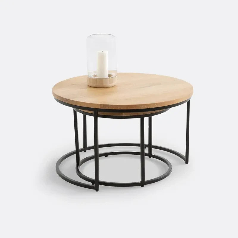 Set of 2 Oak Nesting Coffee Tables | Round Wood & Metal Lounge Table Set