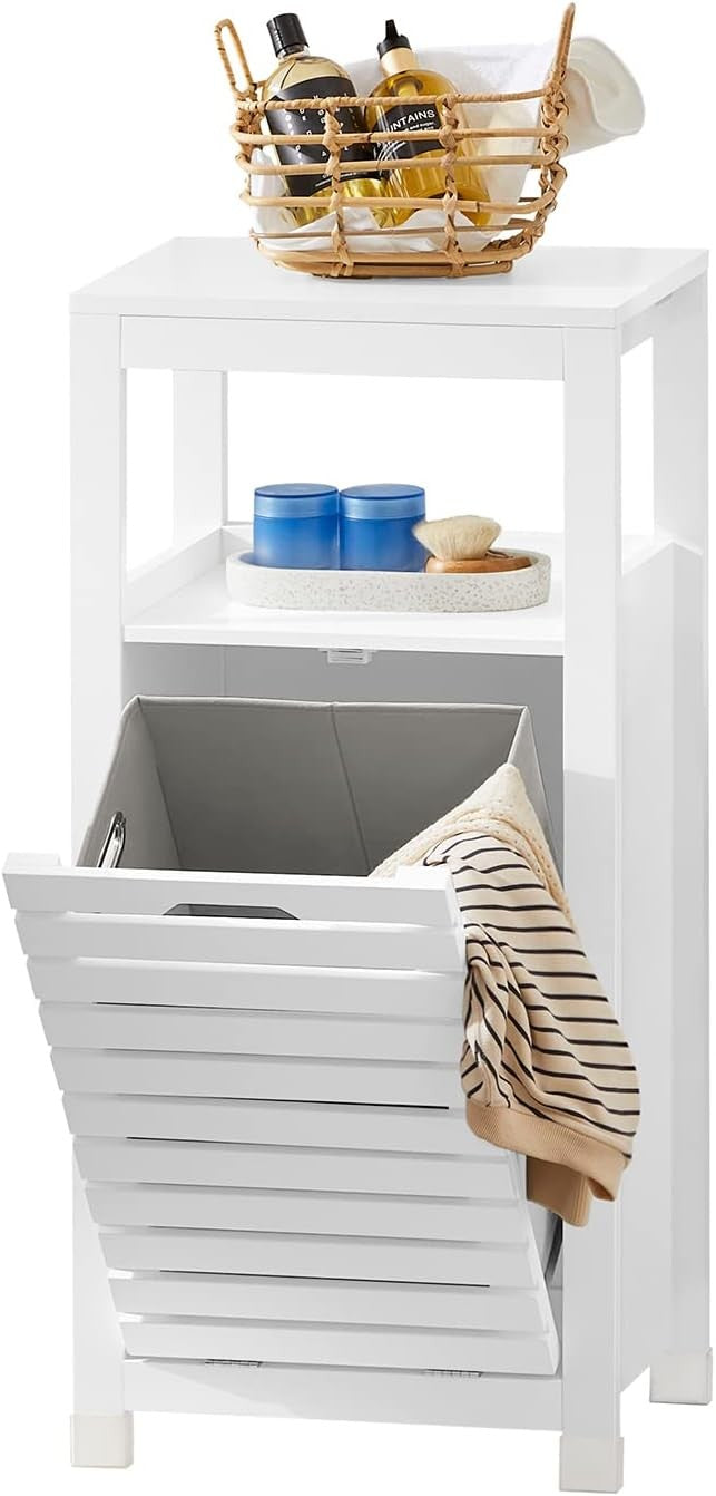 Bathroom Cabinet with Laundry Basket White Compact Storage Unit Shelf