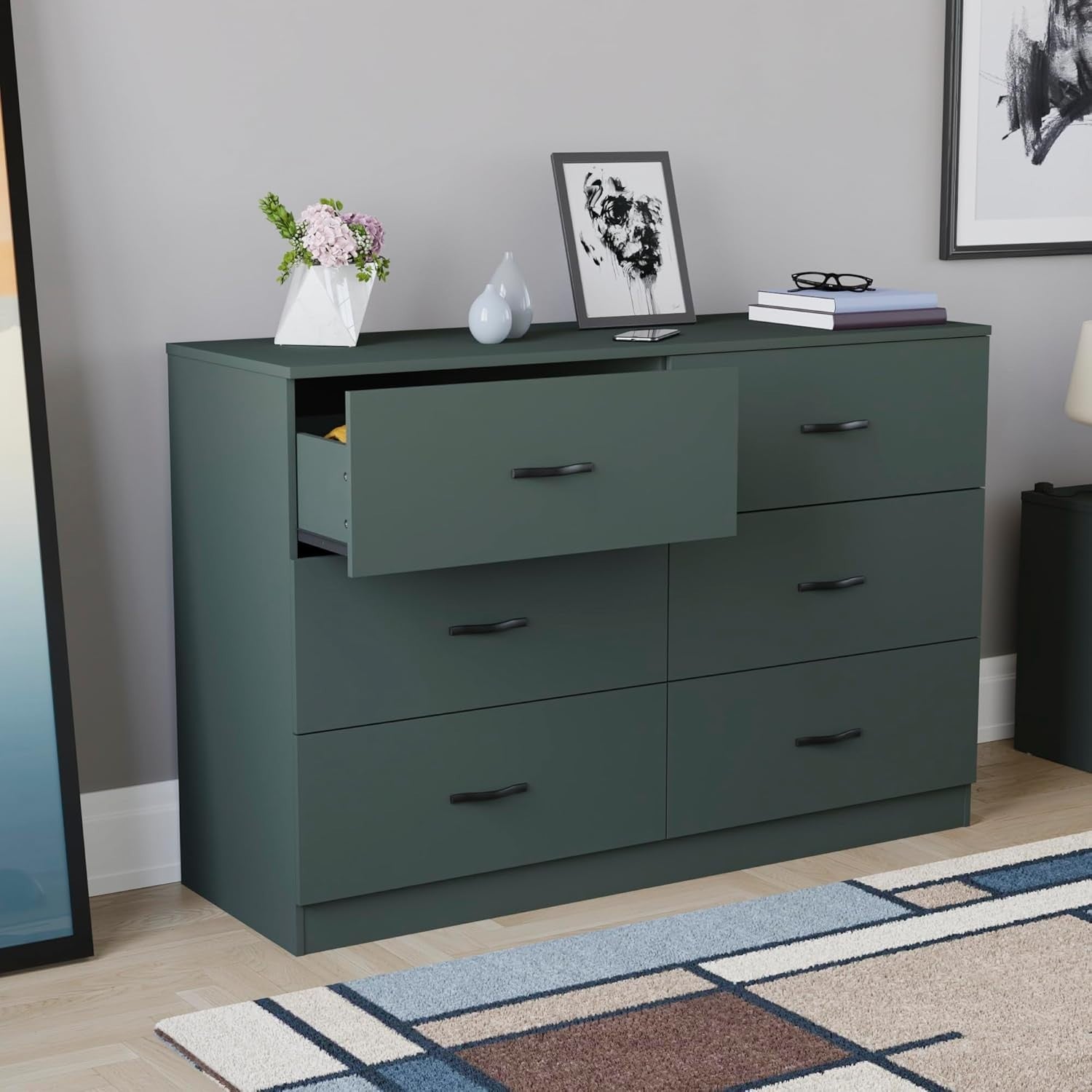 Jasper Green 6 Drawer Wide Chest Bedroom Storage Unit Modern Flatpack
