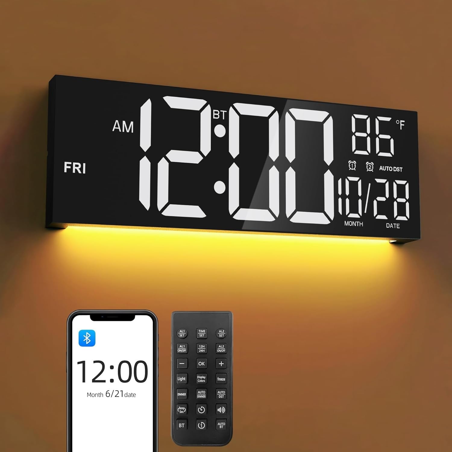 16.5" Large Digital Wall Clock LED Display Temp Date Night Light Alarm Remote