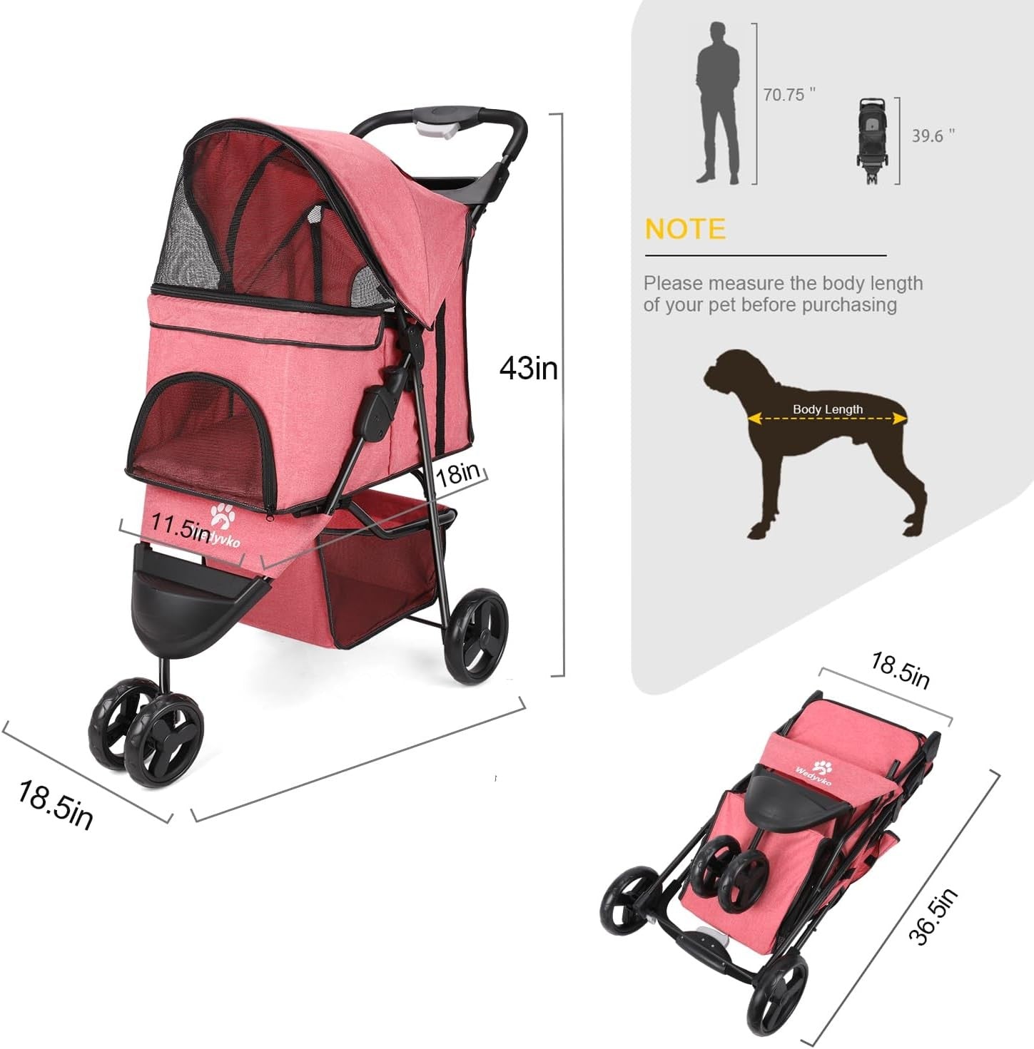 Rose Red Folding Dog Pram Pet Stroller Pushchair for Small Medium Dogs