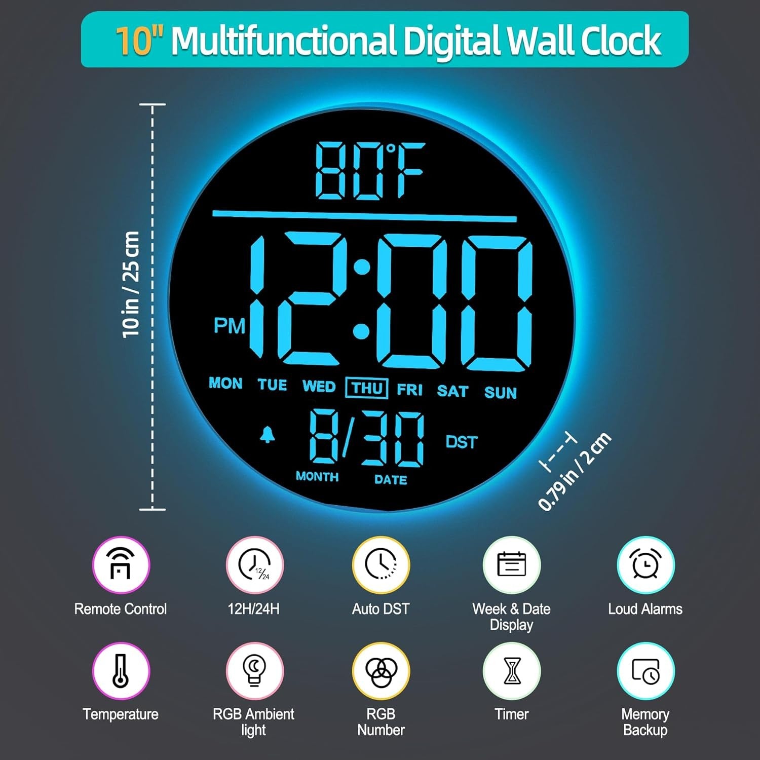 Black Blue 10″ RGB Digital Wall Clock LED Large Display Remote Temperature