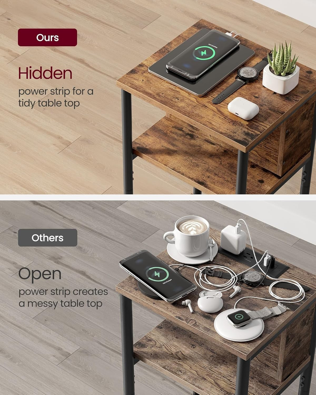Slim Side Table with USB Charging Ports, 3 Tiers, 30x34x58cm, Rustic